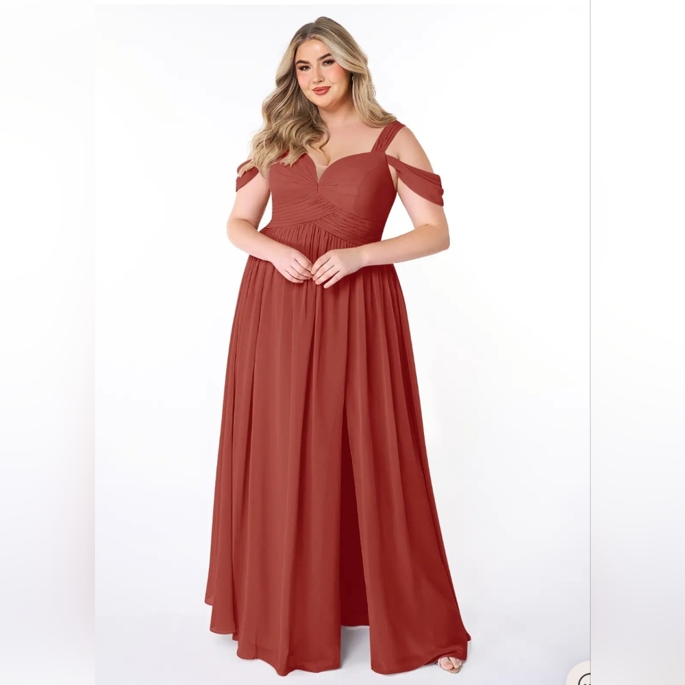 Terracotta A-line Off the shoulder Chiffon Dress